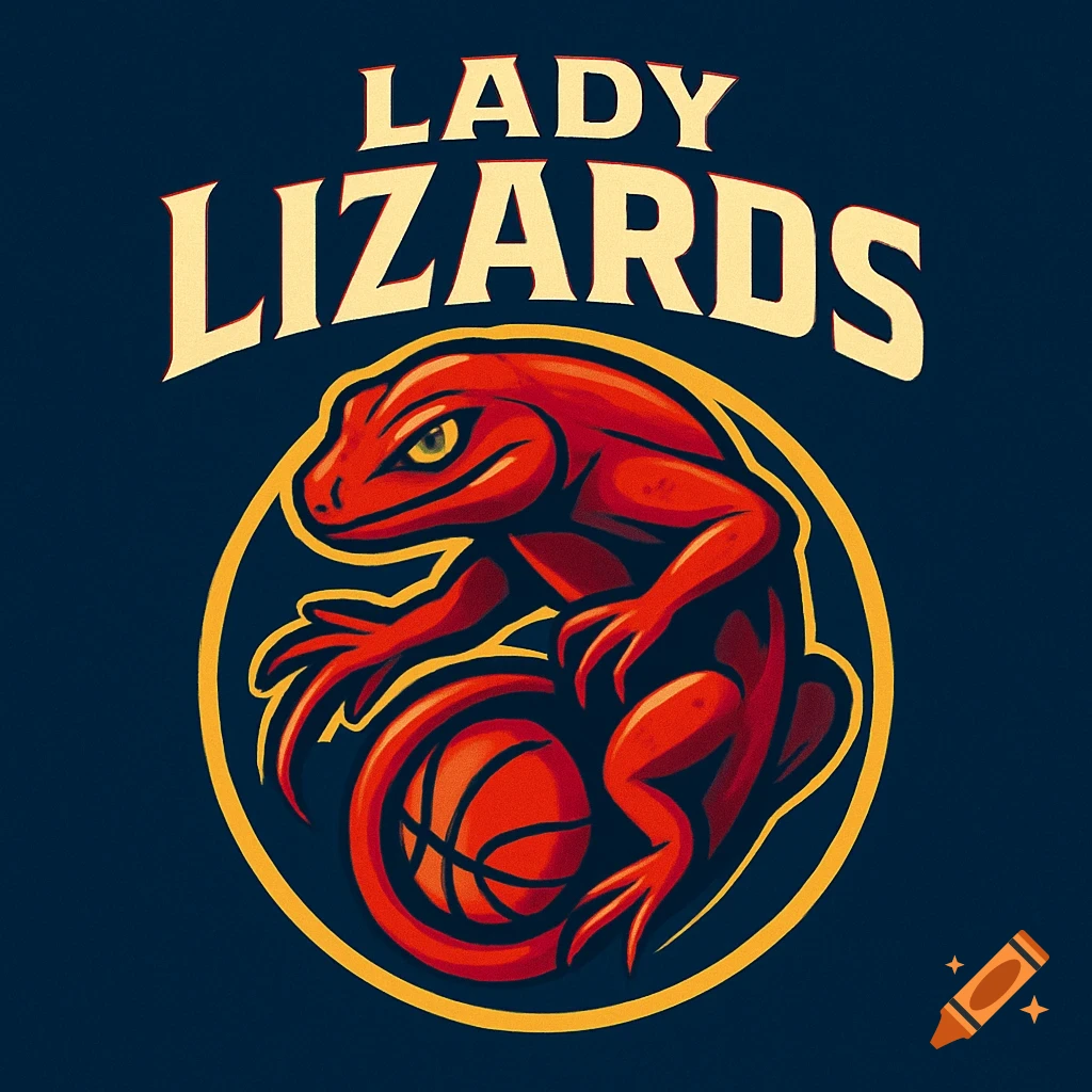 A red lizard holding a basketball within a yellow circle, with 'LADY LIZARDS' text above, on a dark blue background.