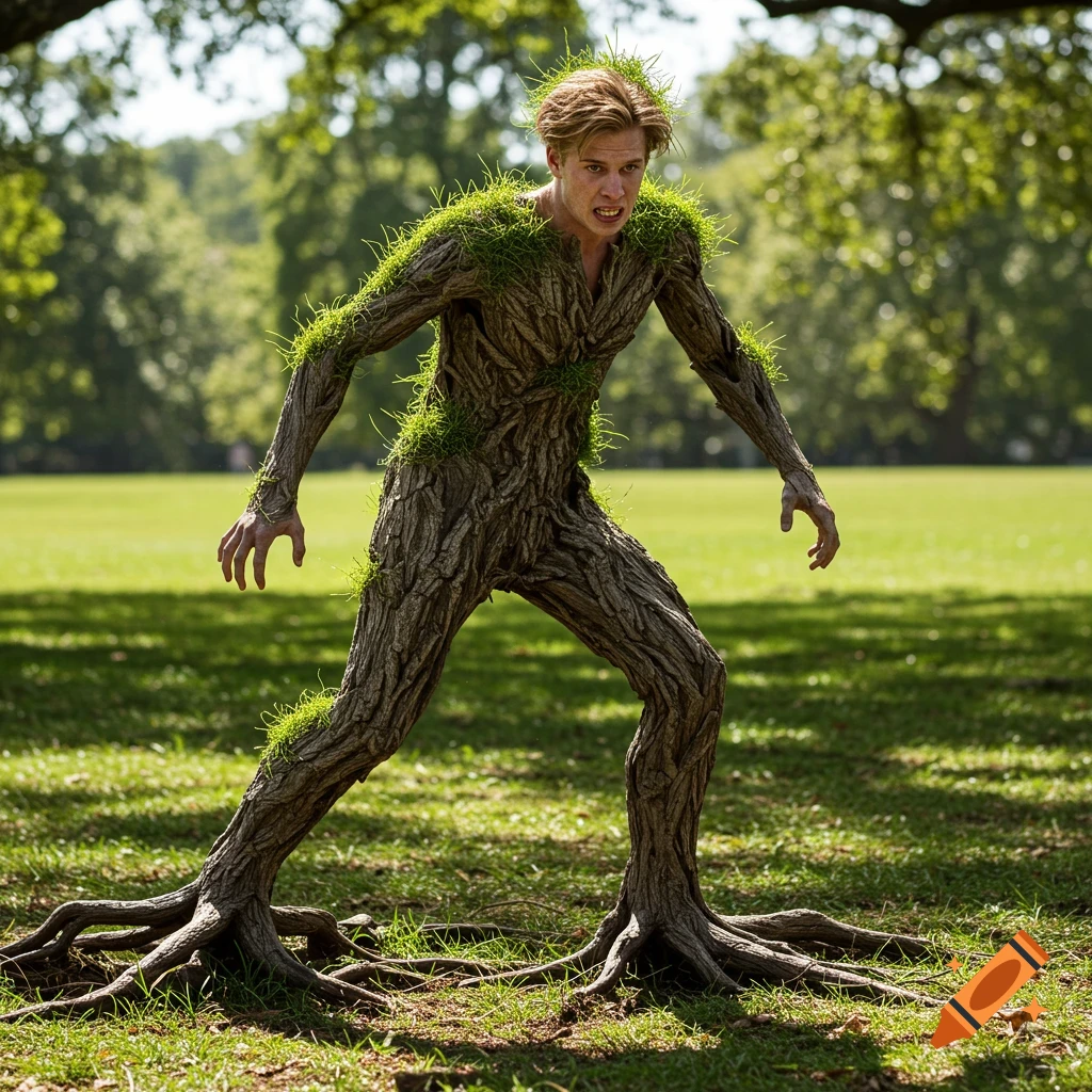 A photorealistic image of a blond man with bark-covered legs, tree roots for feet, and grass in his hair, struggling to walk in a sunny park.