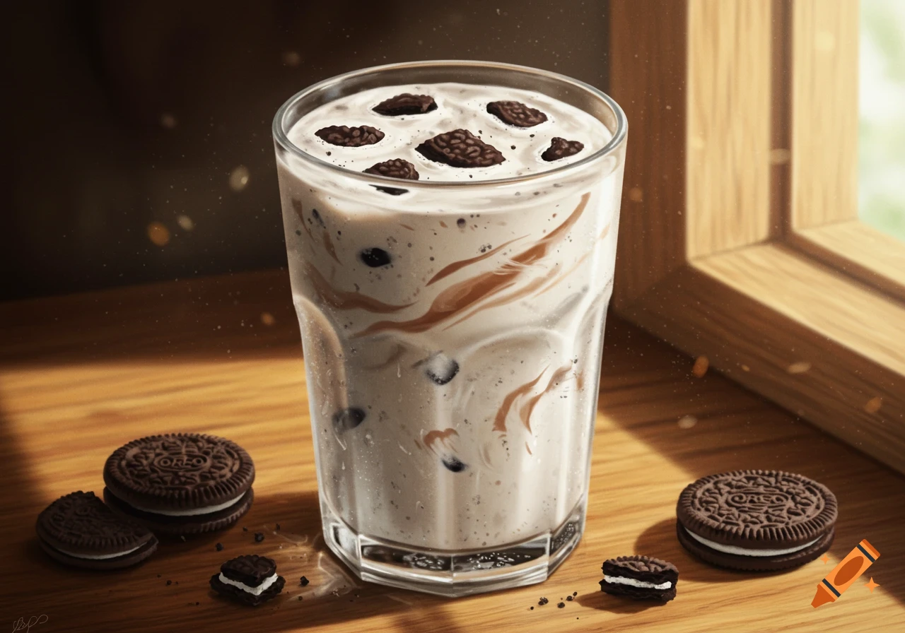A photorealistic Oreo milkshake in a glass, surrounded by Oreo cookies on a wooden table by a window.