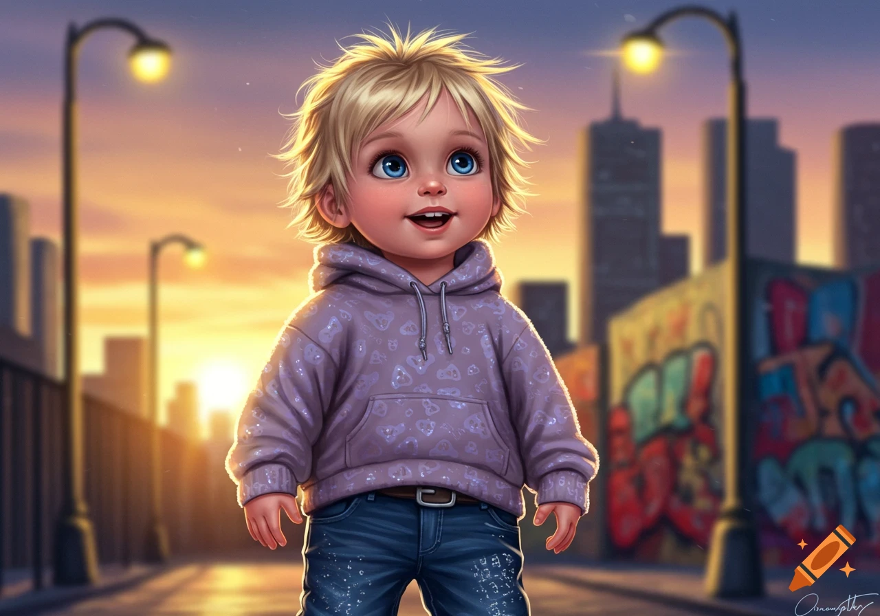 A cute, blonde-haired child in a purple hoodie and jeans stands smiling on a city street at sunset, in a digital art style.