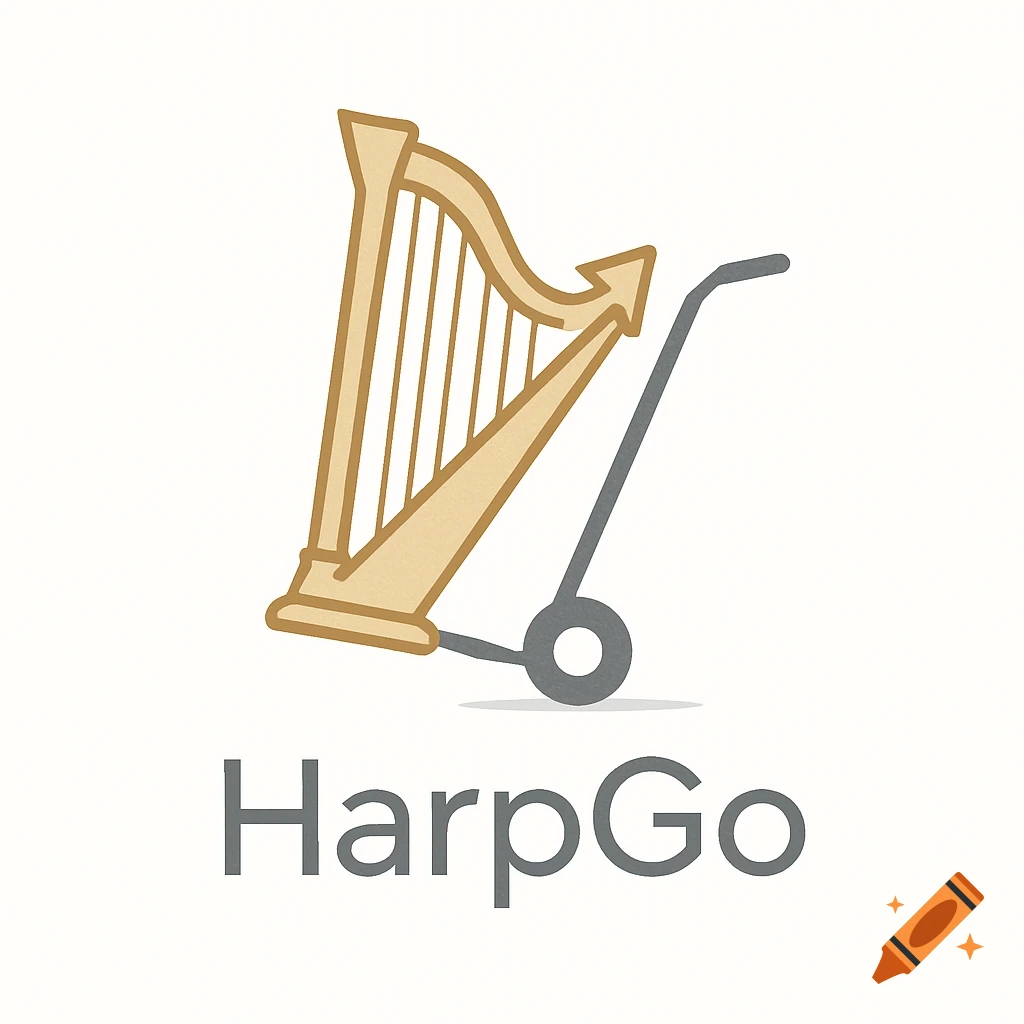 A simple logo featuring a stylized golden harp leaning on a grey hand truck, with the text 'HarpGo' below it.