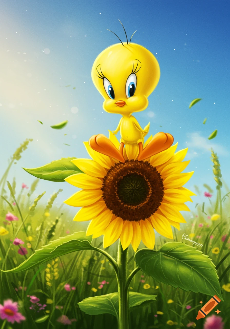 Cartoon Tweety Bird perched on a large sunflower in a sunny green field with blue sky.