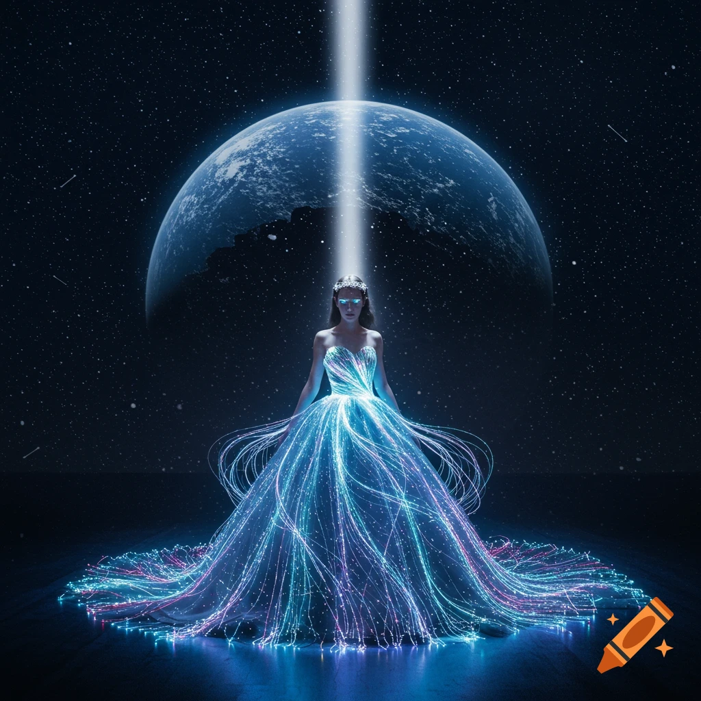A woman in a radiant fiber optic gown stands beneath a light beam with a large planet and stars in the background.