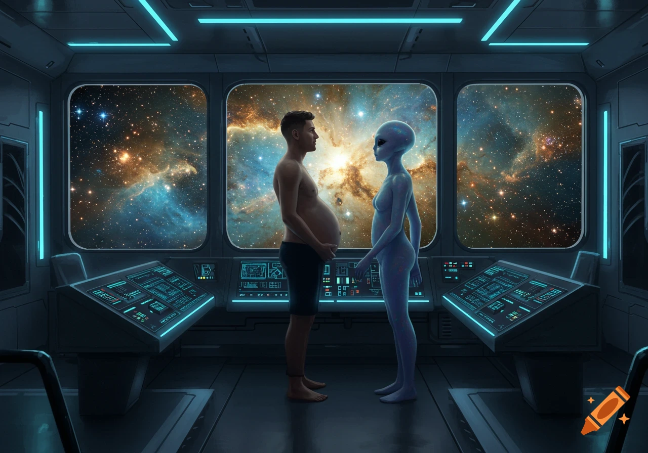 A shirtless pregnant man stands facing a blue alien in a spaceship cockpit with large windows showing a vibrant nebula and stars.