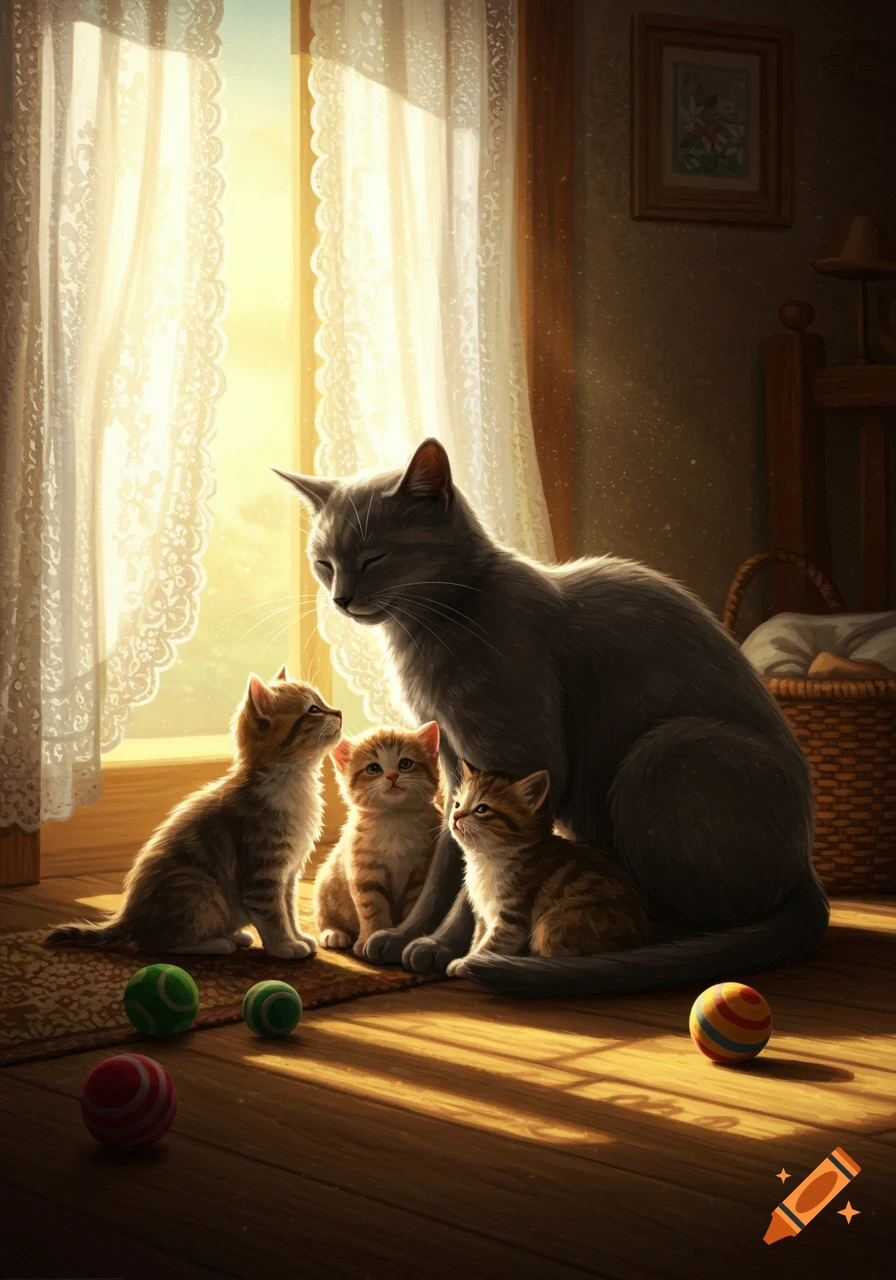 A gray mother cat sits with three tabby kittens in a sunlit room with lace curtains, colorful balls on the wooden floor.