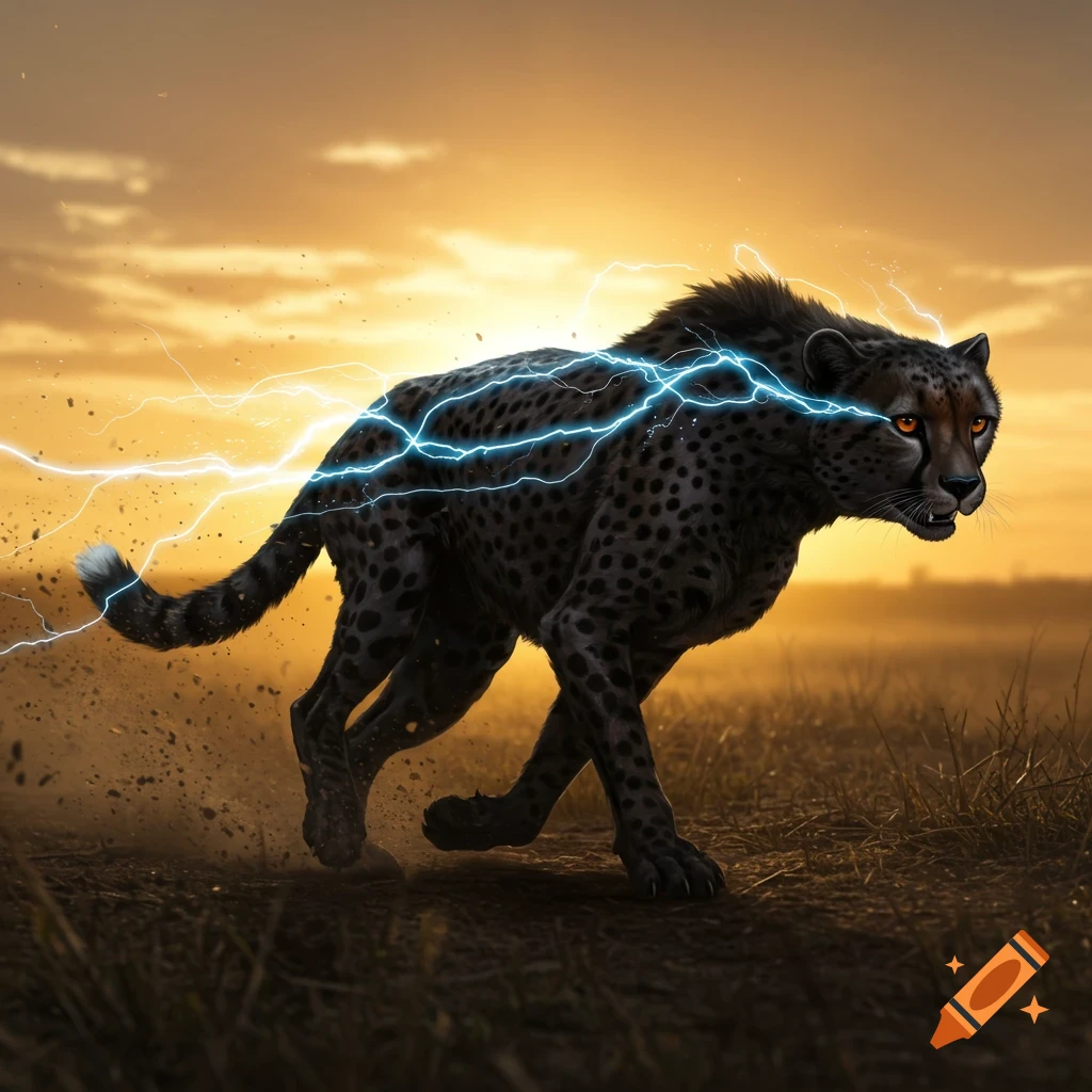 A black cheetah runs through a grassy field at sunset, with bright blue lightning bolts around its body.