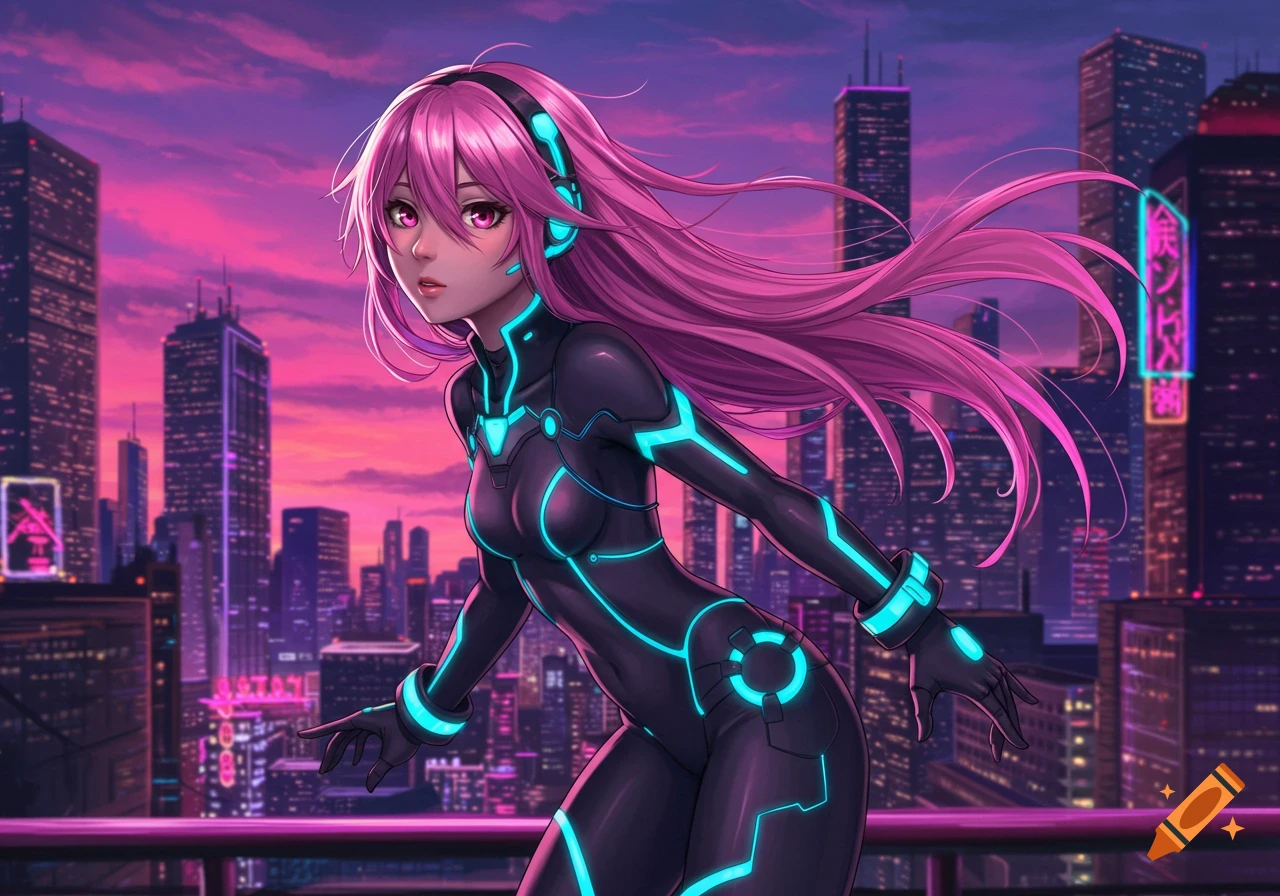 Anime girl with long pink hair in a black plugsuit with glowing blue lines, wearing headphones, standing on a rooftop overlooking a neon-lit cyberpunk city at dusk.