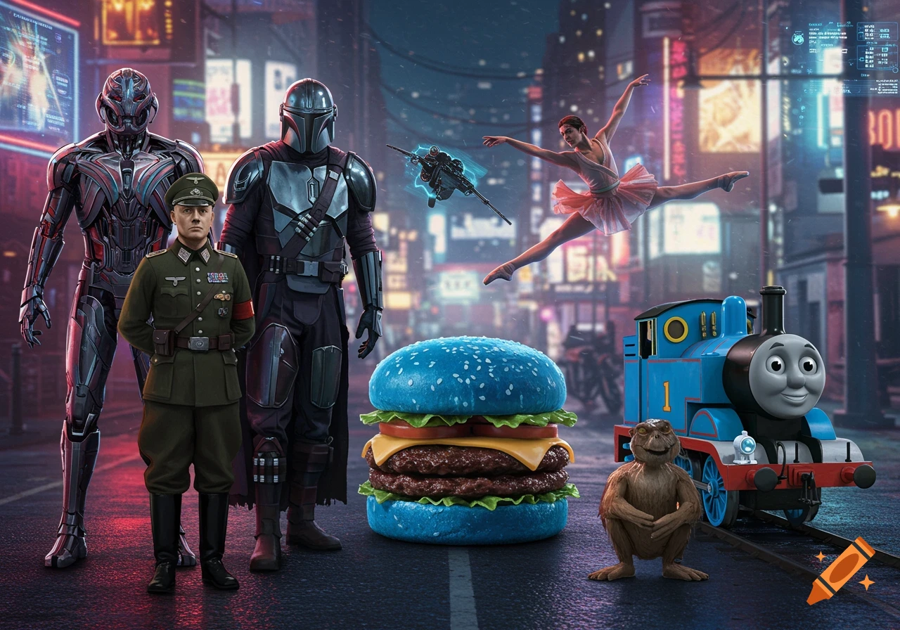 A surreal composite image featuring Ultron, The Mandalorian, a German military officer, a giant blue burger, a floating ballerina, Thomas the Tank Engine, and a monkey-like creature on a city street at night.