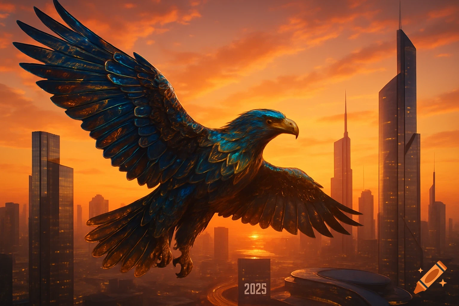 A majestic blue and gold eagle soars over a modern city at sunset, with '2025' visible on a building.