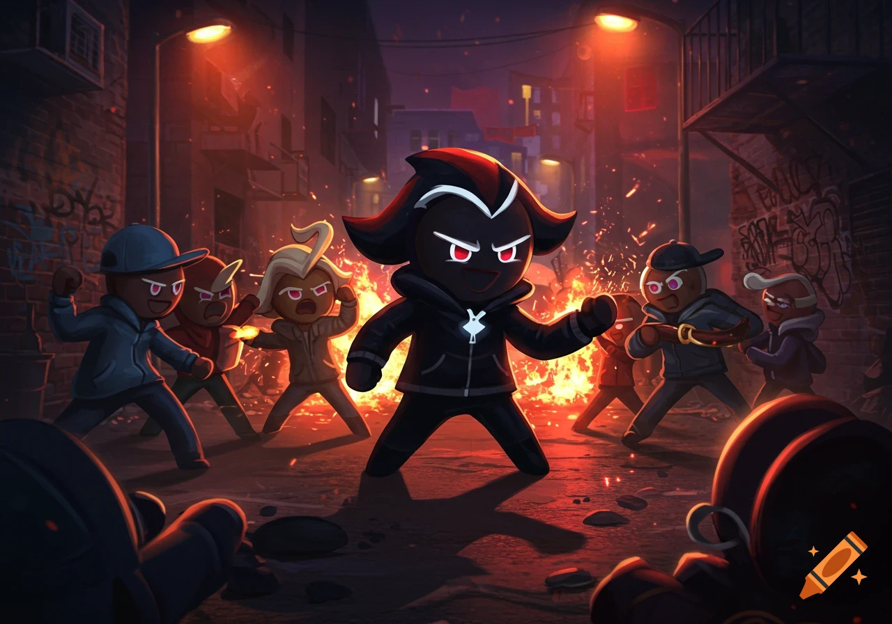Stylized cartoon cookies fight in a dark, graffiti-covered alley, illuminated by streetlights and fire.