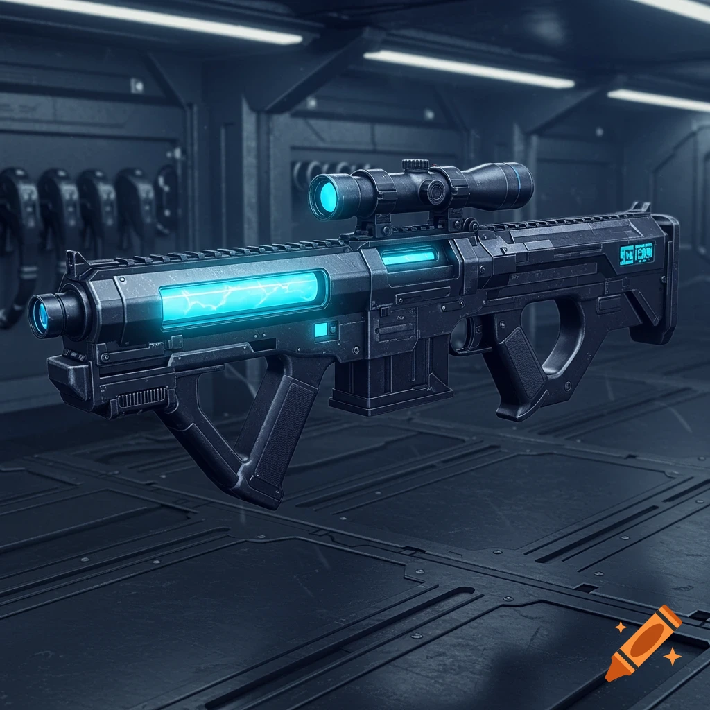 A dark, futuristic military plasma rifle with glowing blue elements and a scope, set against a metallic sci-fi background.