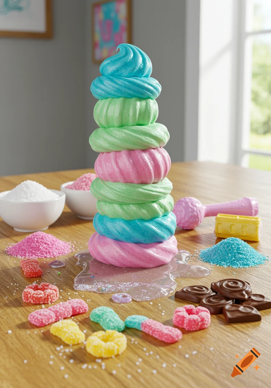 A tall stack of colorful, ring-shaped meringue or slime on a wooden table, surrounded by various candies, sprinkles, and chocolate pieces.