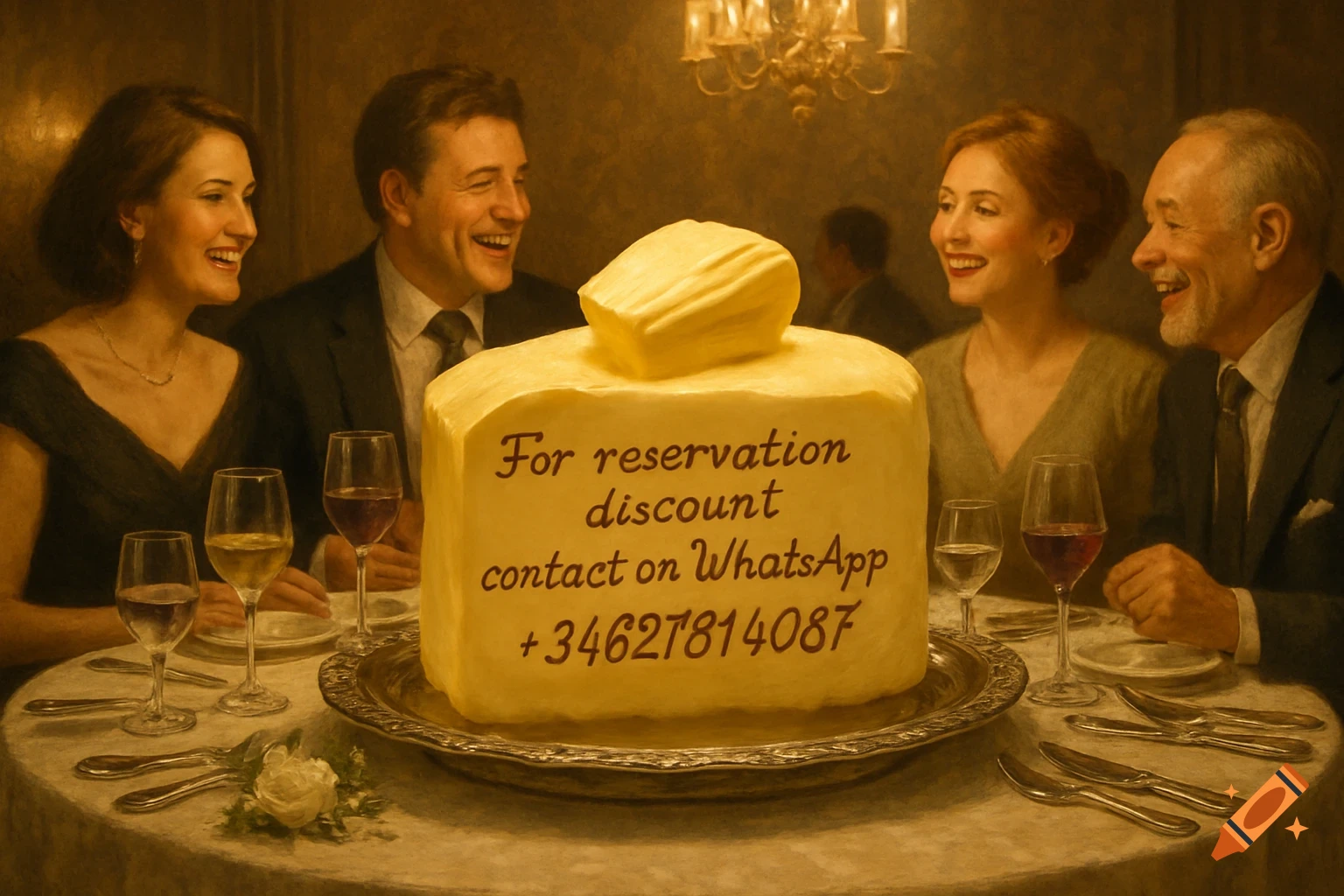 Four people smiling at a formal dinner table with a large block of butter on a platter, displaying text for reservation discount and a WhatsApp contact number.