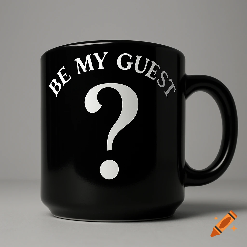 A black coffee mug with white text 'BE MY GUEST' curved across the top and a large white question mark below it, on a gray background.