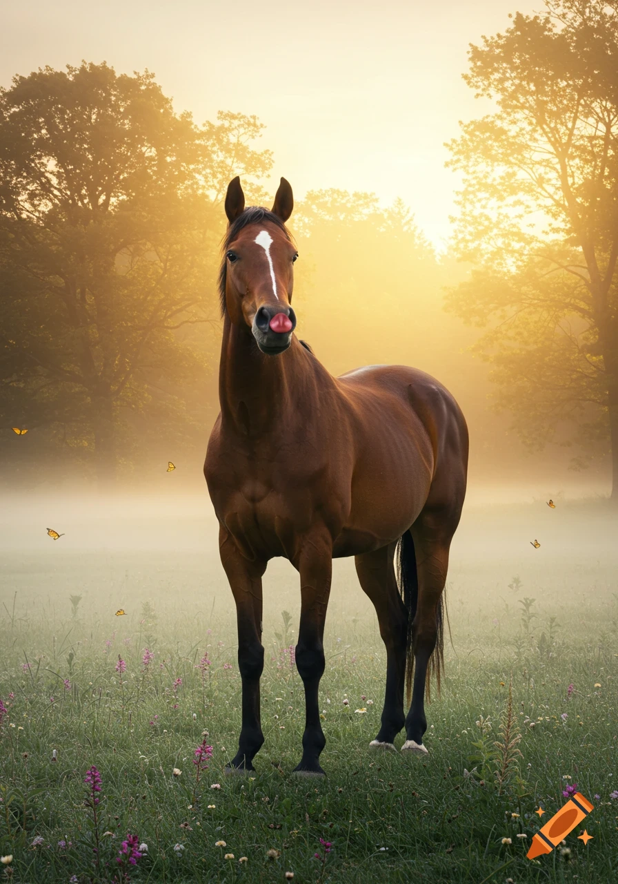A brown horse with a white blaze and a pink snout stands in a misty, sunlit field with wildflowers and butterflies.