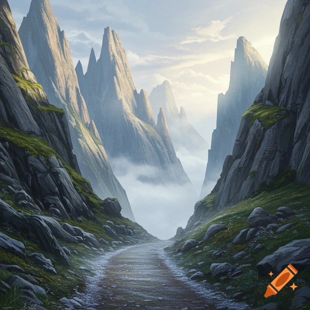 A path winds through a dramatic mountain pass with steep, rocky peaks shrouded in mist and bathed in soft sunlight.