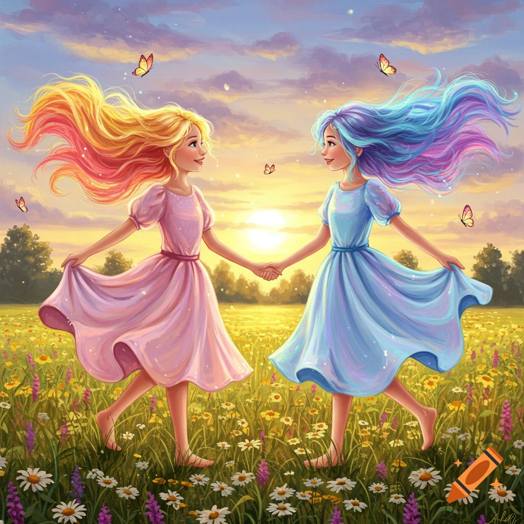 Two young girls with long, colorful, flowing hair in dresses hold hands in a field of wildflowers at sunset, with butterflies fluttering around, in a vibrant digital painting style.