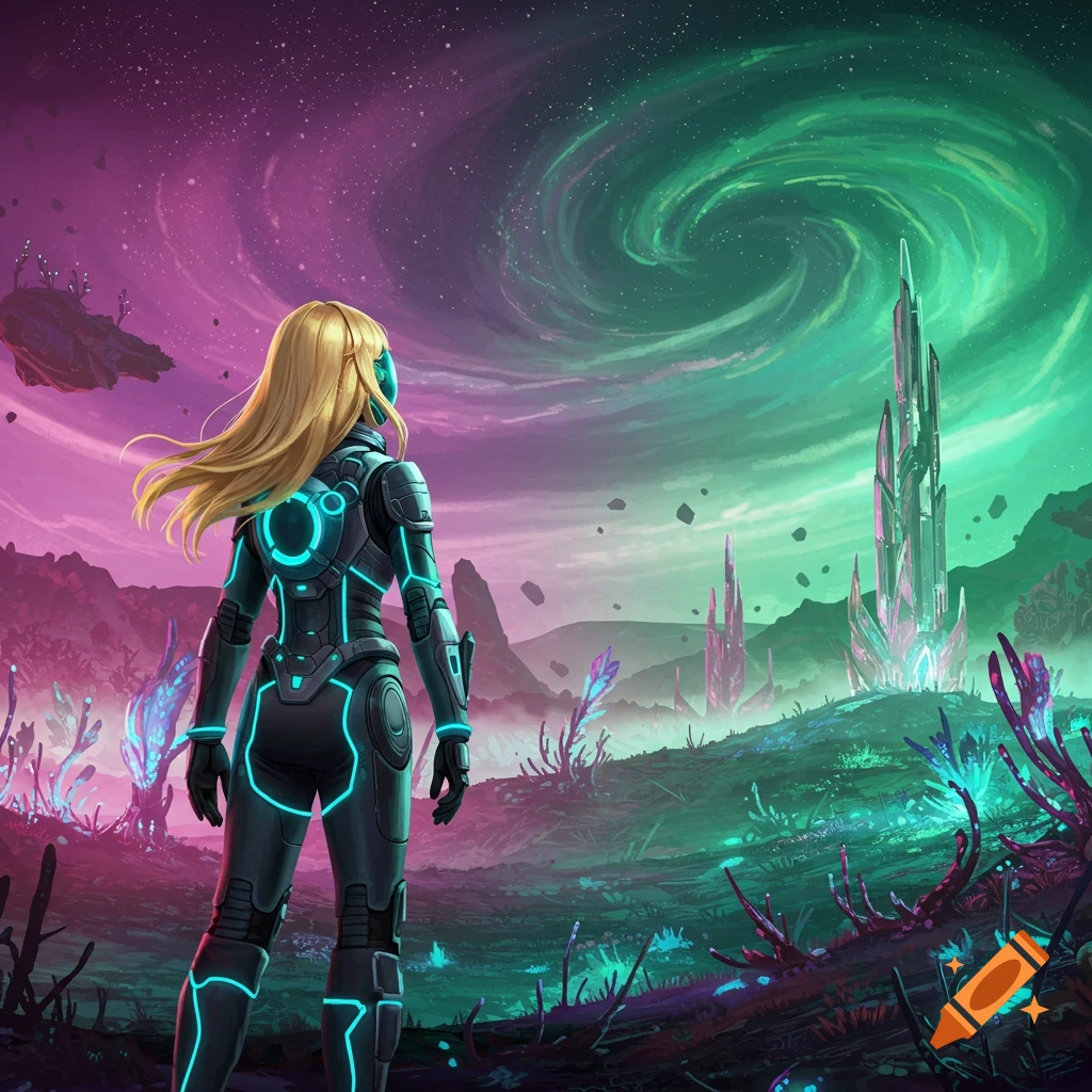 A blonde woman in a futuristic suit stands on an alien planet, looking at glowing crystal structures under a vibrant pink and green sky.