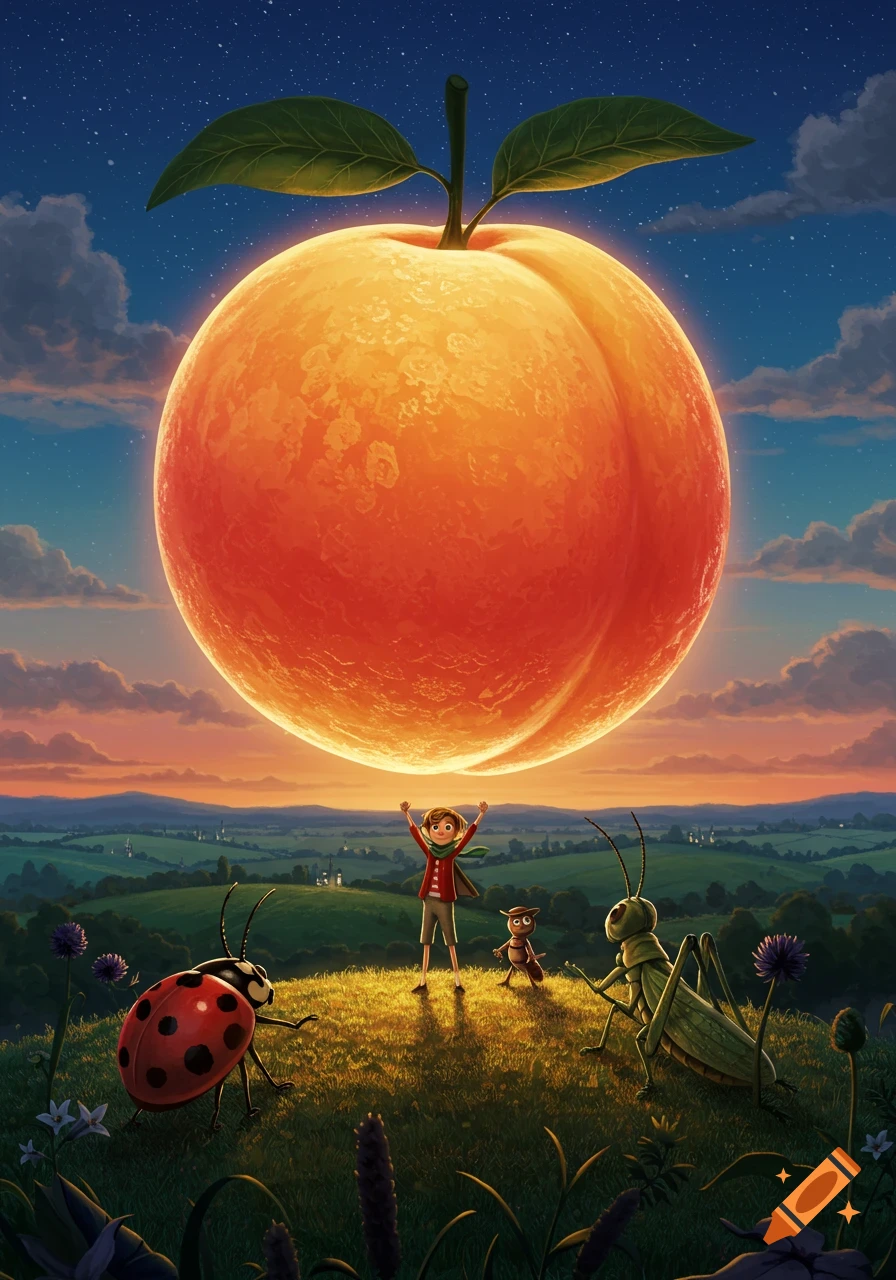 A boy and insect friends gaze at a giant glowing peach in the twilight sky over rolling green hills. Animated style.