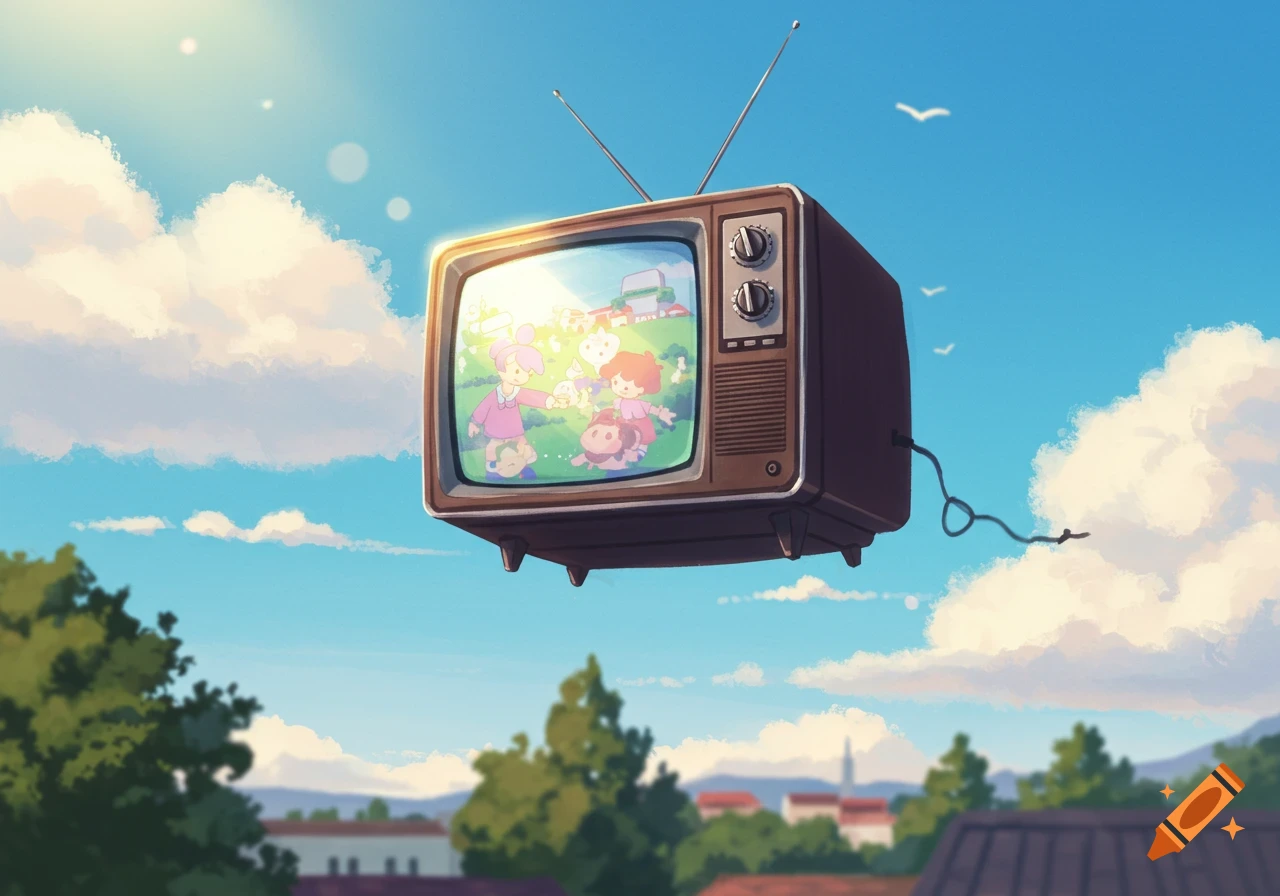 A retro TV floats in a bright blue sky, broadcasting a colorful cartoon to a distant landscape of trees and houses.