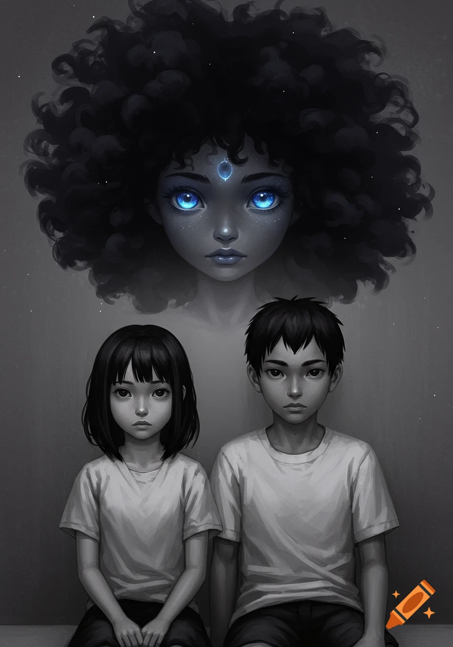 Grayscale digital art of a solemn girl and boy sitting, with a large, ethereal floating head of a girl with glowing blue eyes and dark curly hair above them.