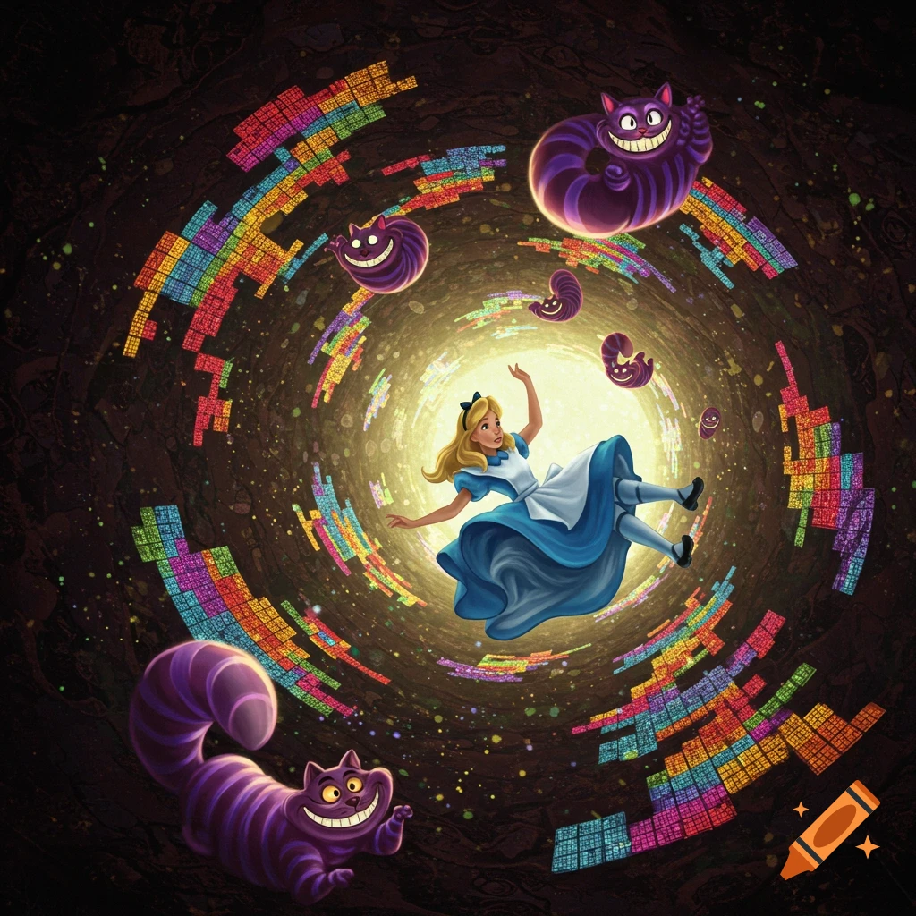 Alice falls through a vibrant, dark rabbit hole surrounded by grinning Cheshire Cats and colorful, pixelated patterns.