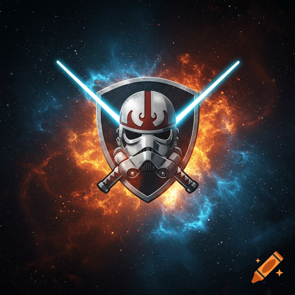 A Star Wars-themed emblem featuring a Stormtrooper helmet on a shield with crossed blue lightsabers, against an orange and blue nebula.