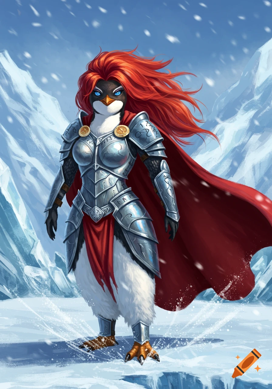 A fierce female penguin warrior with flowing red hair and a red cape stands in shiny silver armor on an icy mountain.