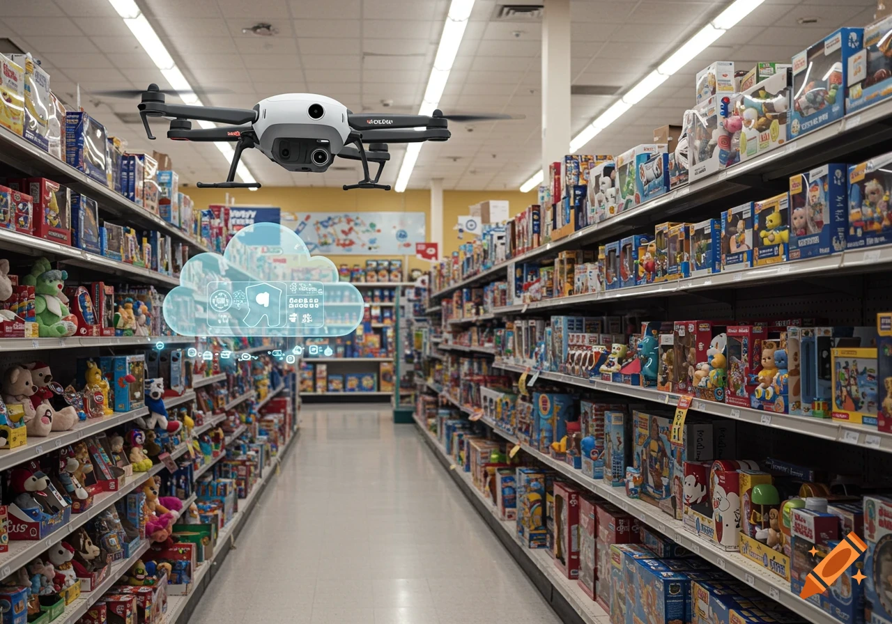 A drone hovers in the aisle of a toy store, with a glowing holographic cloud displaying data points next to it.