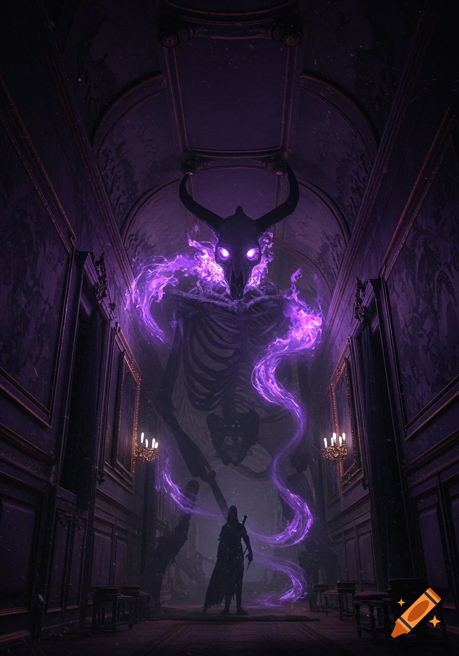 A gigantic, horned skeletal monster with glowing purple energy towers over a cloaked figure in a dark, ornate purple hallway.
