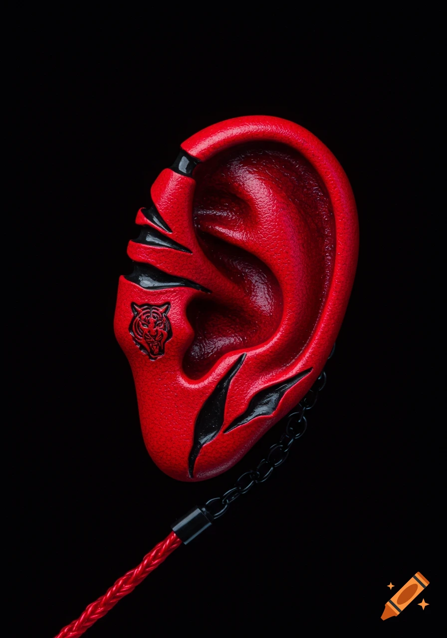 A stylized red inner ear piece with matte black claw marks and a tiger head emblem, featuring a red braided wire and black chain accents.