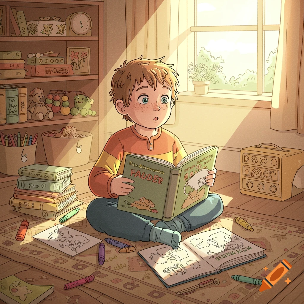 A young boy with freckles sits cross-legged on a rug in a sunlit room, engrossed in reading a book, surrounded by crayons and coloring pages.