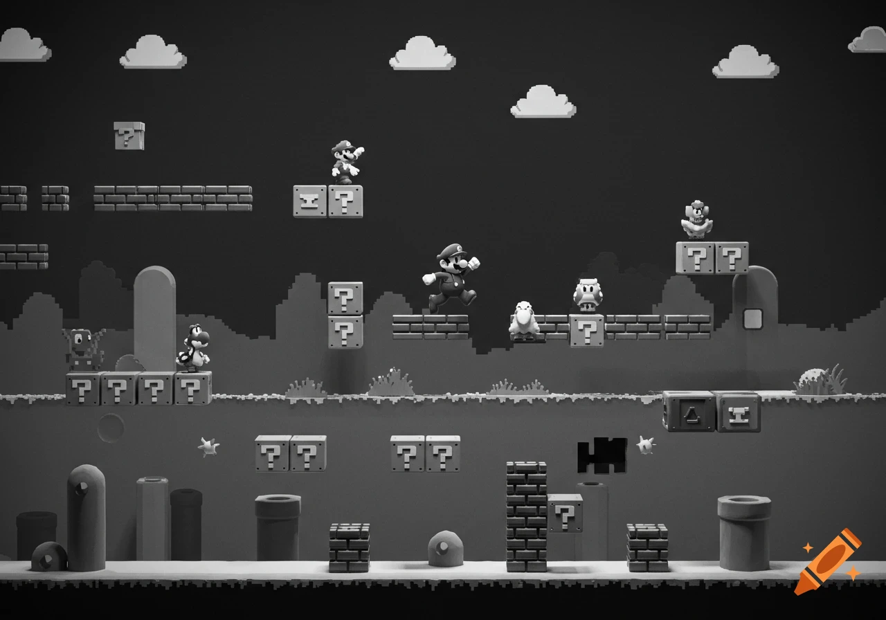 Monochrome Super Mario Bros. stage with Mario, Yoshi, Goombas, and question mark blocks.