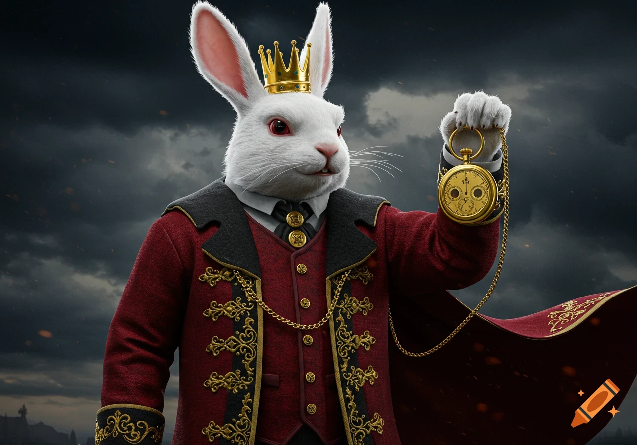 A realistic 3D animated white rabbit wearing a red suit and gold crown, holding a gold pocket watch against a stormy sky.