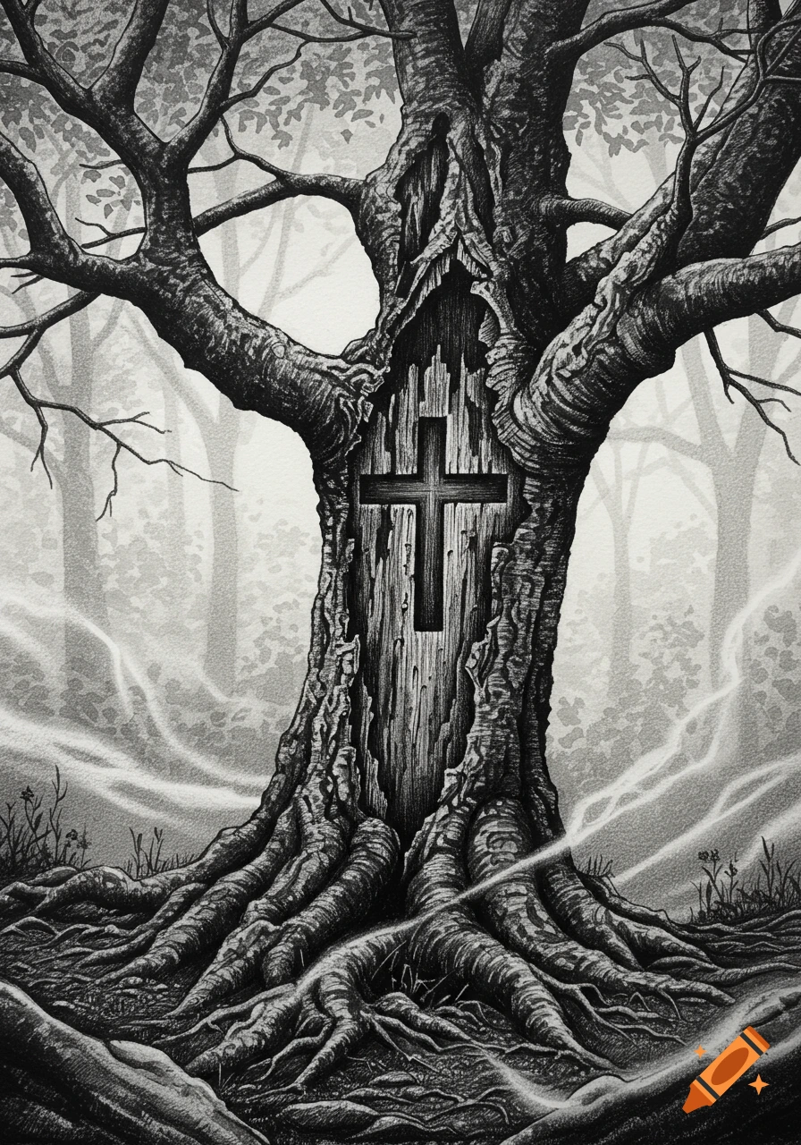 Black and white drawing of a large, gnarled tree with a cross carved into its trunk, in a misty forest.