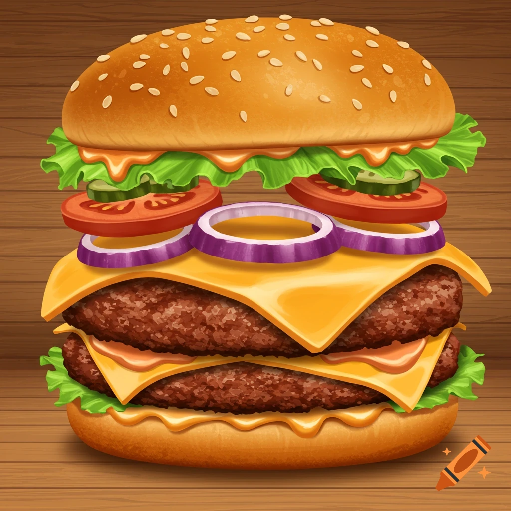 A tall, stylized double-patty hamburger with lettuce, tomatoes, pickles, onions, cheese, and sauce on a wooden background.