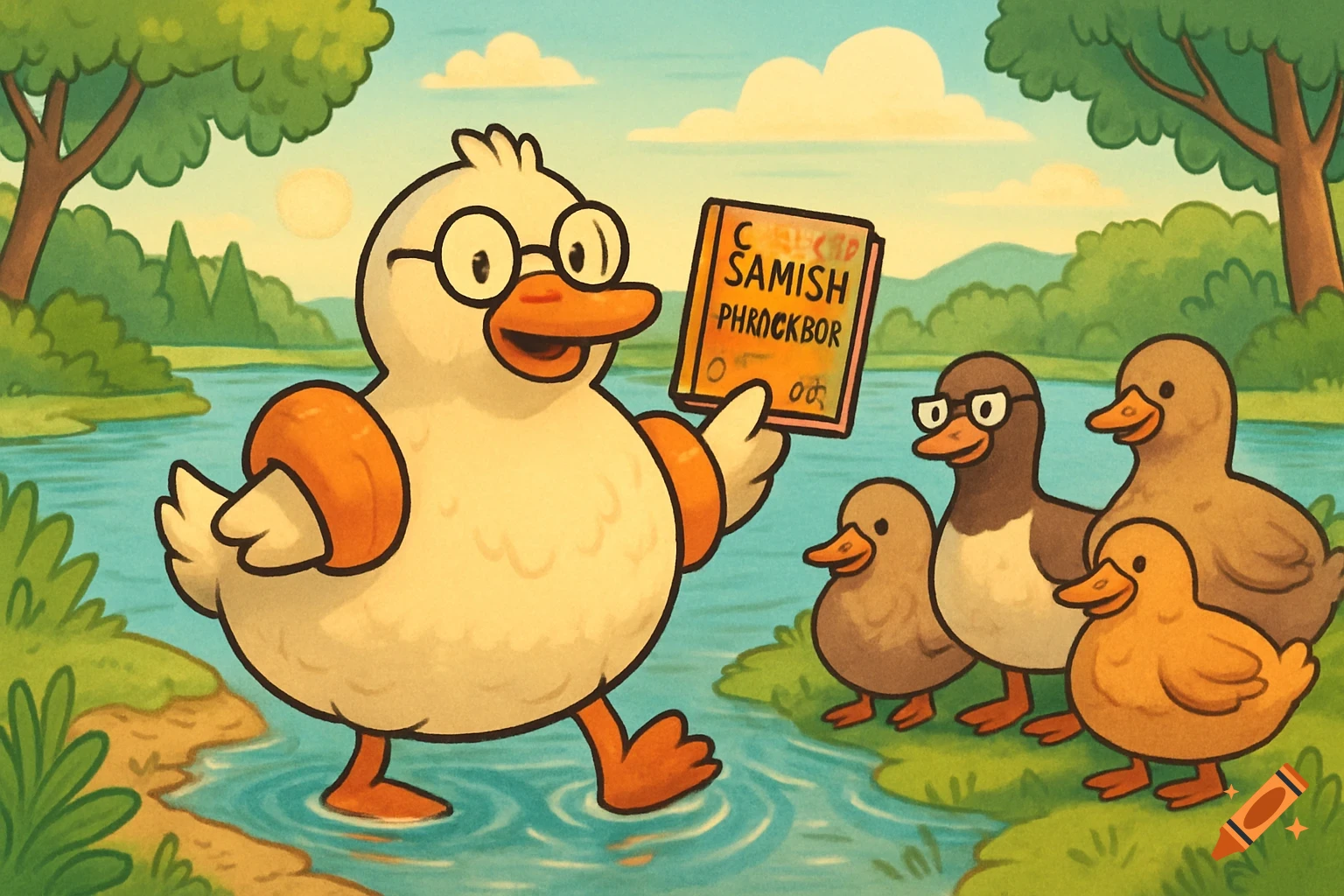 A cartoon white duck with glasses and arm floaties stands in a lake, holding a book. Four other ducks watch from the shore, one also wearing glasses. The scene is set in a sunny, green landscape.