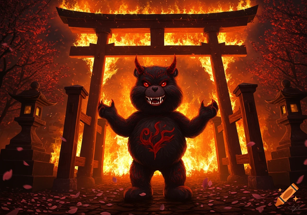 A monstrous black bear-like creature with red glowing eyes and horns stands in front of a large wooden torii gate engulfed in flames, with cherry blossom trees in the background.