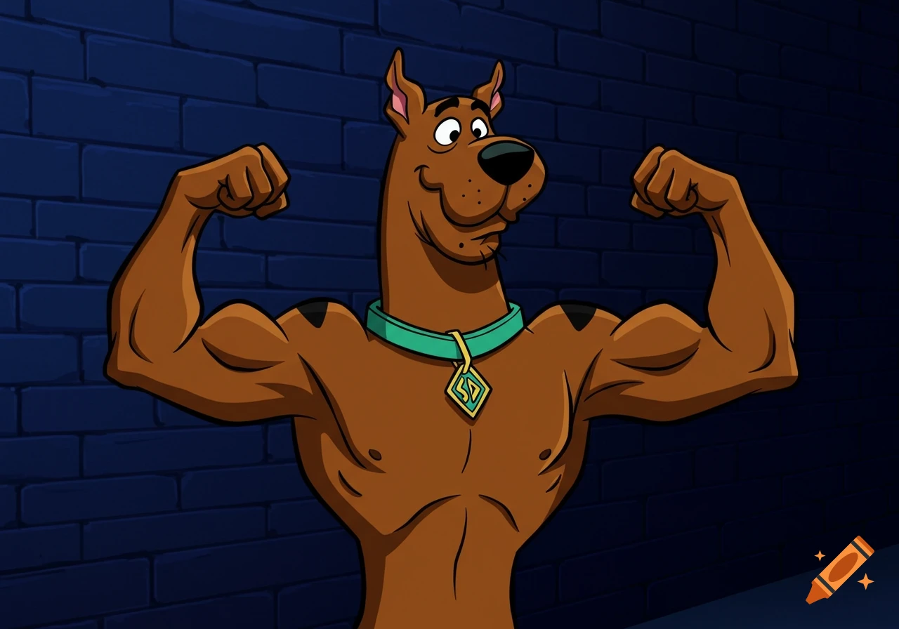 Scooby Doo flexing his muscles in a dark alleyway, in a classic Hanna-Barbera cartoon style.