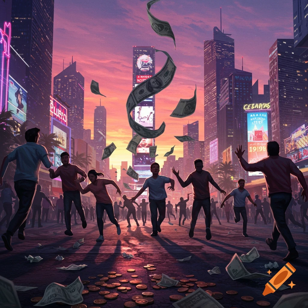 Digital painting of people running through a bustling city street as money falls from the sky during sunset.