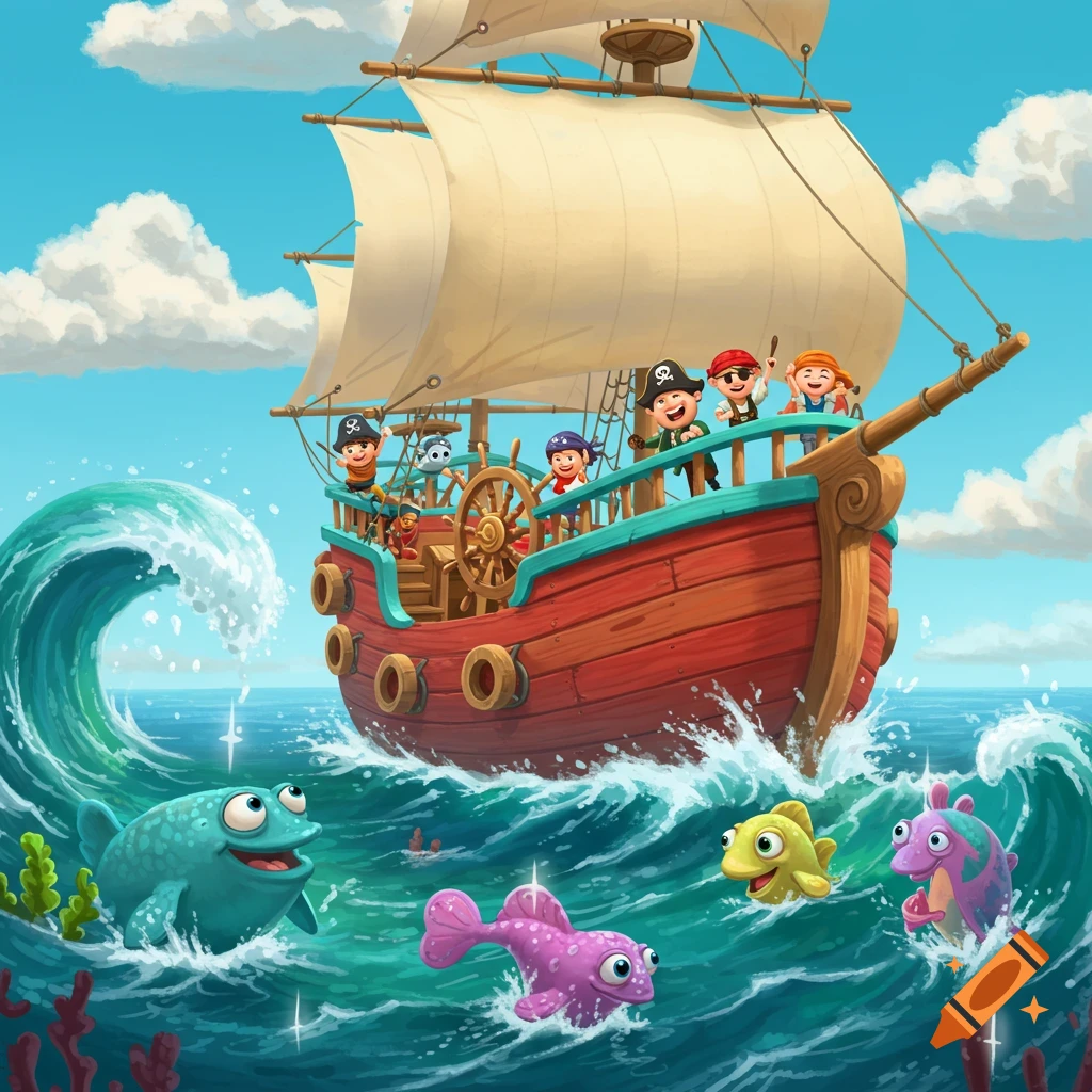 A vibrant cartoon pirate ship sails on a wavy blue ocean with smiling children and colorful fish around it under a blue sky.