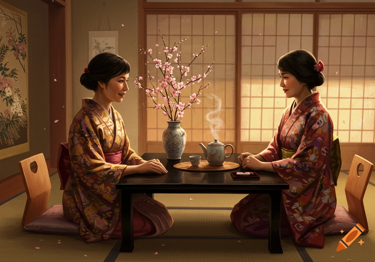 Two women in kimonos sit at a low table in a traditional Japanese room, with a tea set and cherry blossoms. Photorealistic style.