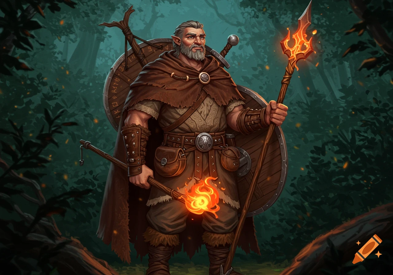 A middle-aged Firbolg with a gray beard and pointy ears, wearing a brown cloak and armor, holding a flaming pike and torch in a dark forest.