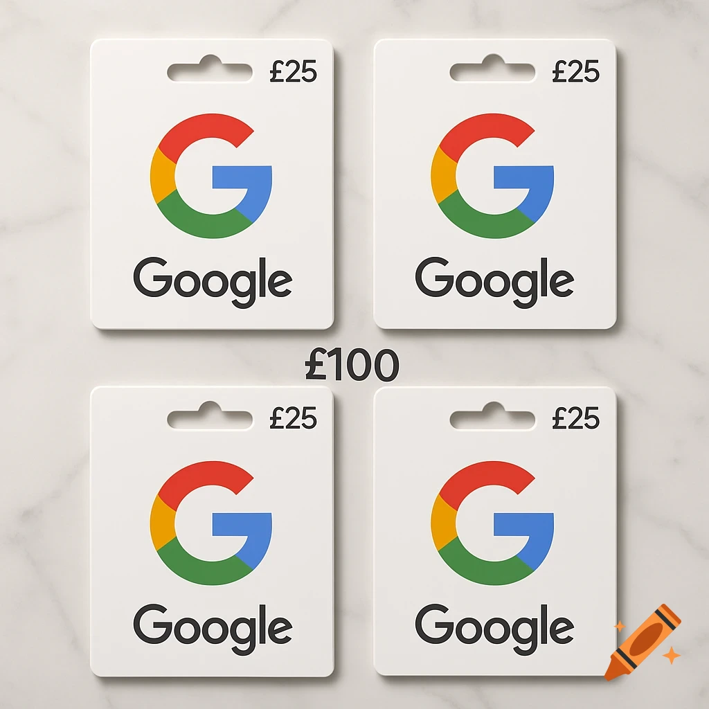 Four white Google gift cards, each marked £25, displayed on a clean surface with a total of £100 written in the center.