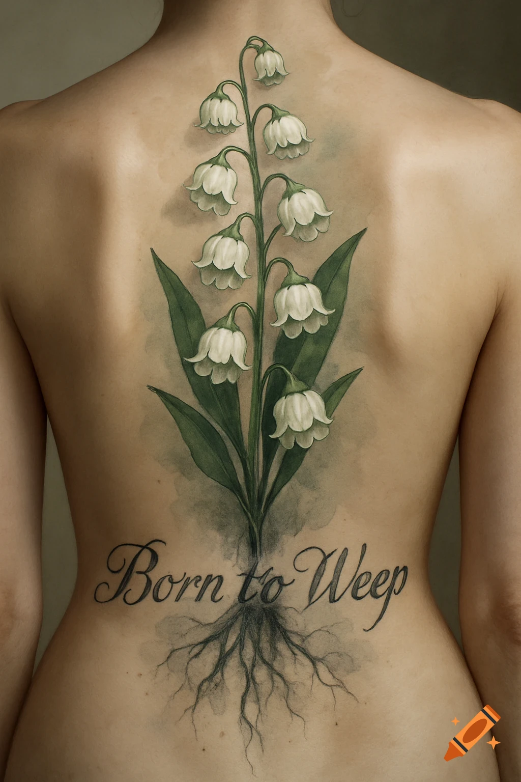 A photorealistic back tattoo of lily of the valley flowers with roots, and the text 'Born to Weep' on a person's bare back.