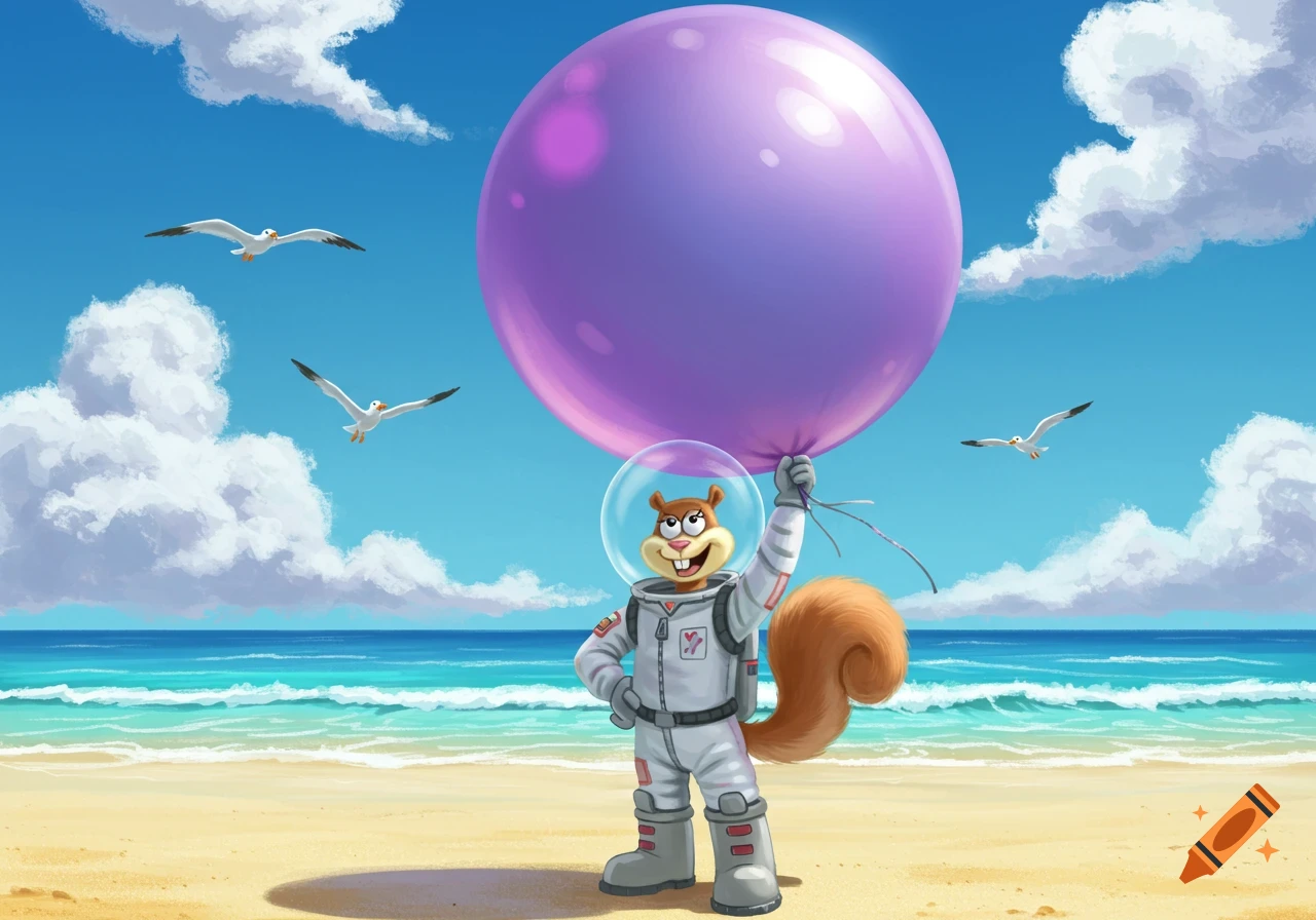 Sandy Cheeks in her space suit holding a giant purple balloon on a sunny beach with seagulls flying.