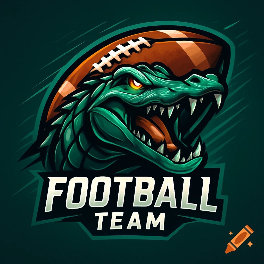 A stylized green alligator head wearing a football helmet, with "FOOTBALL TEAM" text below, in digital art logo style.