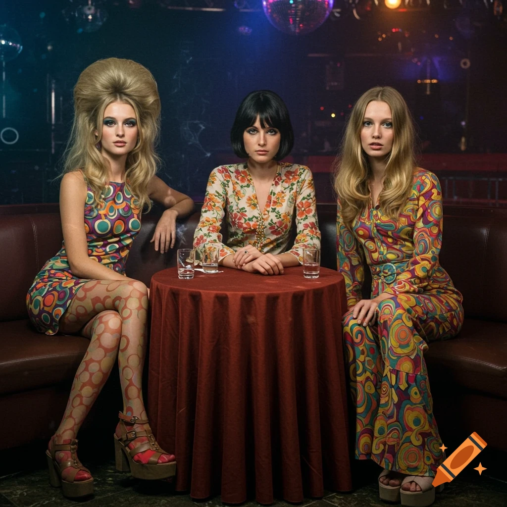 Three young fashion models in vibrant 1960s outfits sit at a table in a dimly lit nightclub.