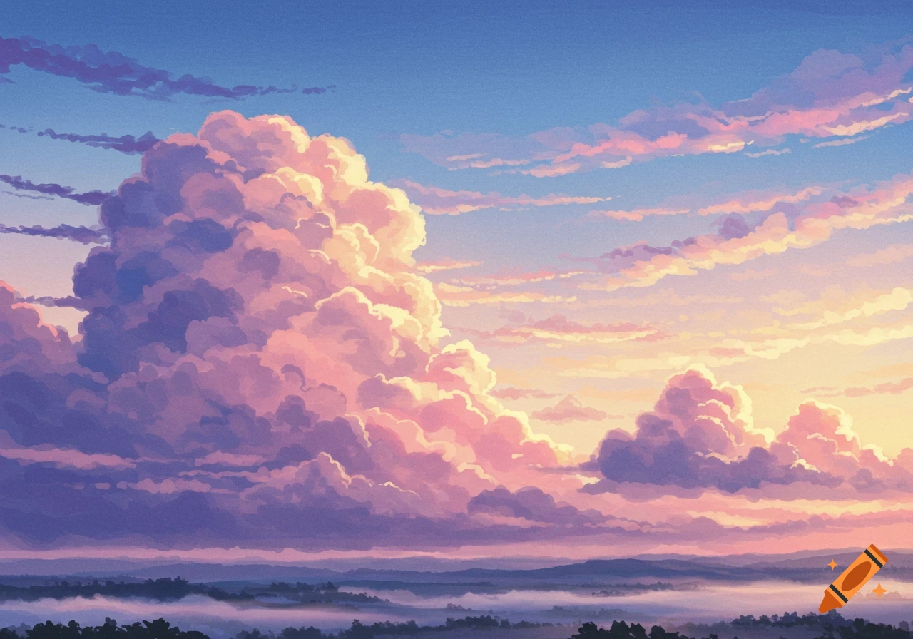 Large, fluffy pink and purple clouds at sunrise over a misty landscape with distant trees, in a painterly style.