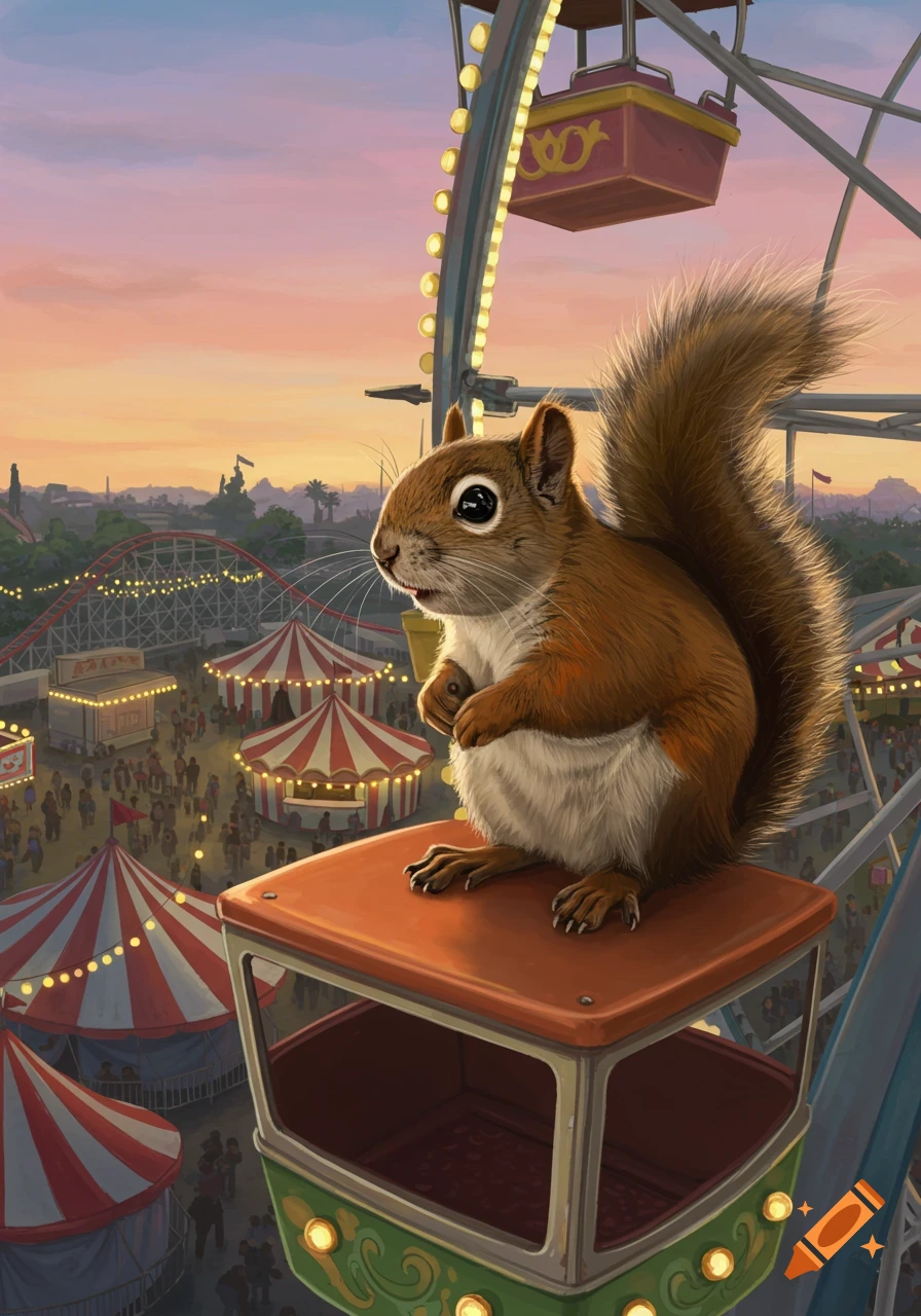 A fluffy squirrel sits atop a Ferris wheel gondola overlooking a bustling carnival at sunset, with tents and roller coasters in the background.